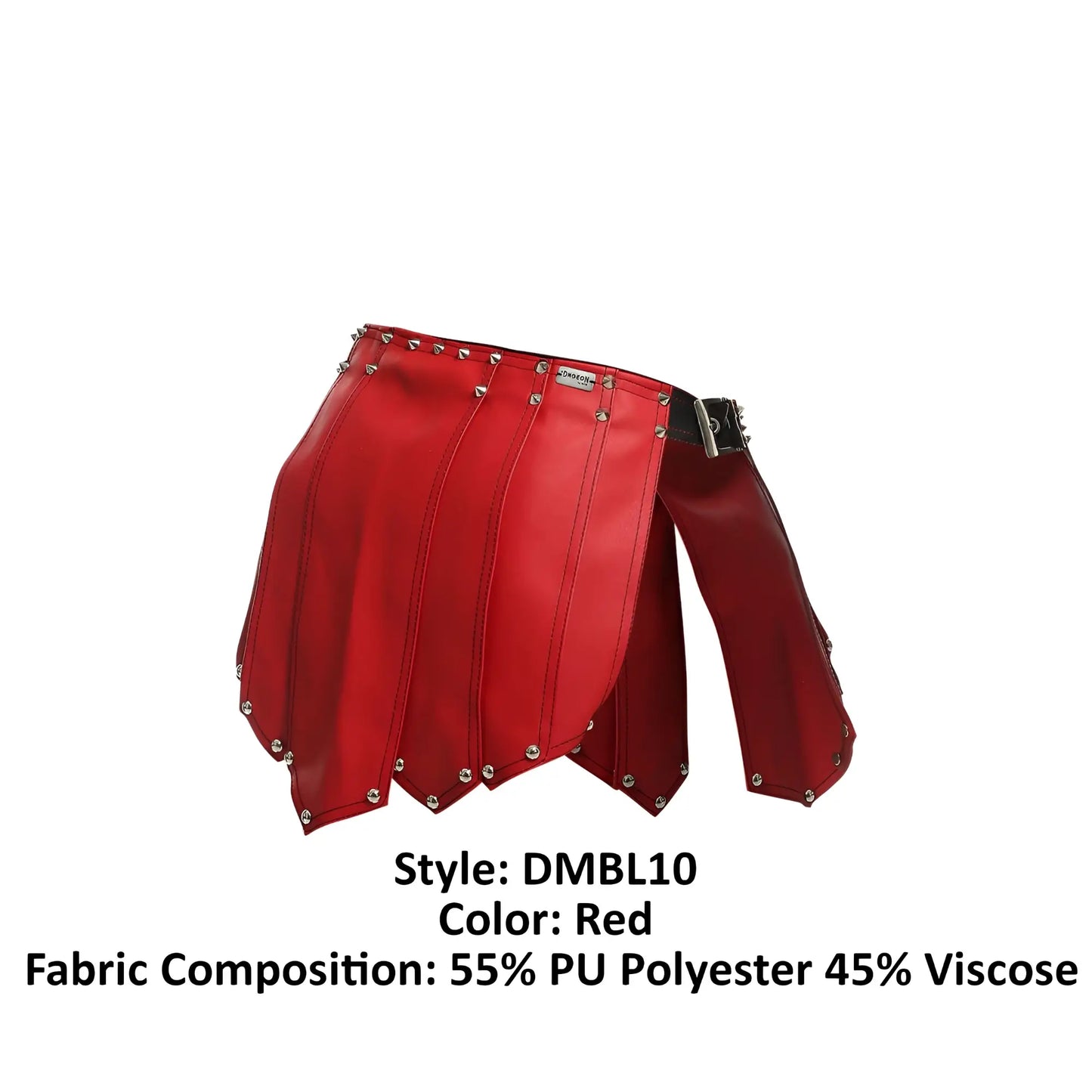 Malebasics dmbl10 dngeon red faux leather roman skirt with silver studs and black belt buckle front view