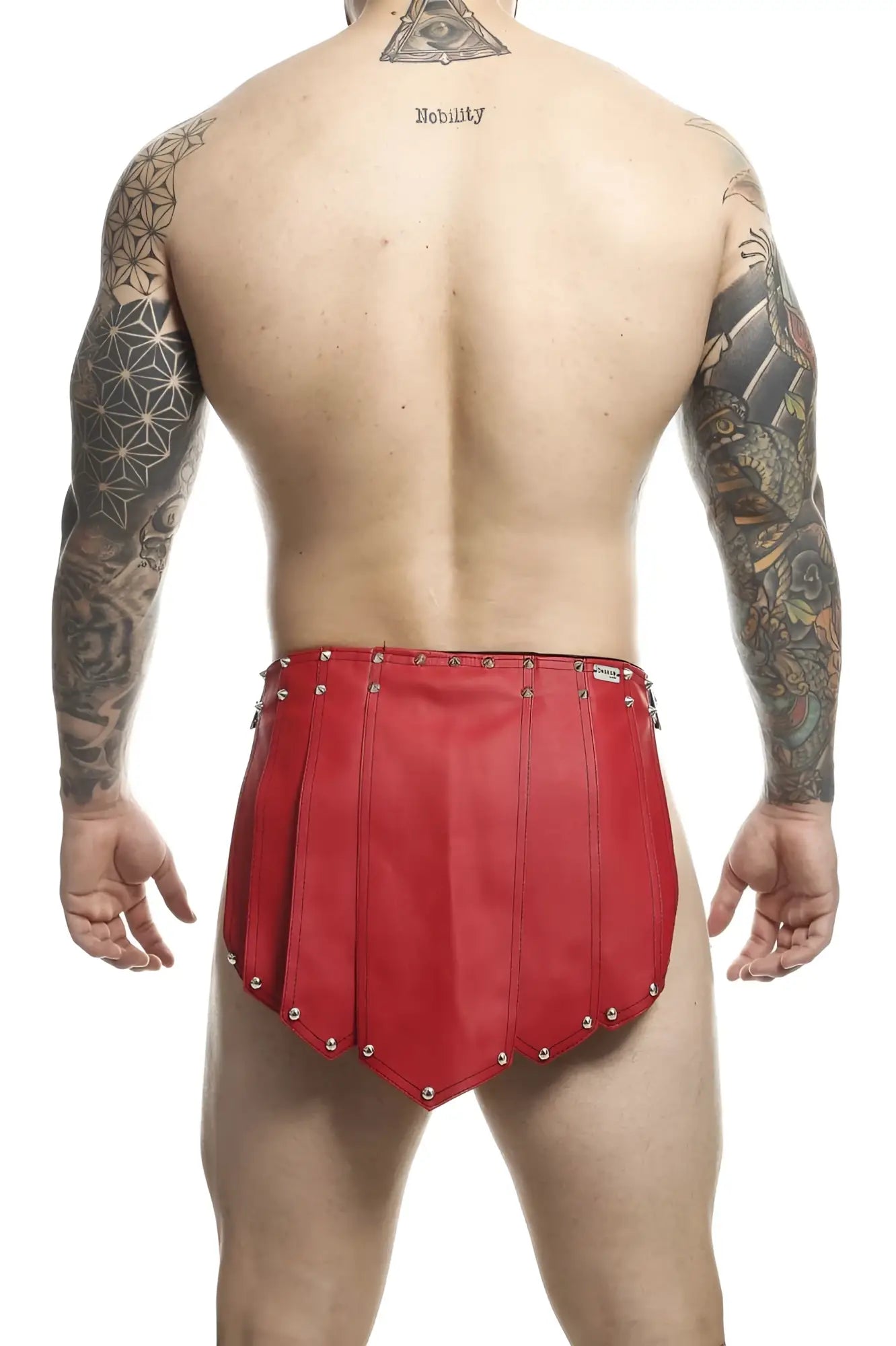 Red leather malebasics dmbl10 dngeon roman skirt with metallic studs along the edges in red color