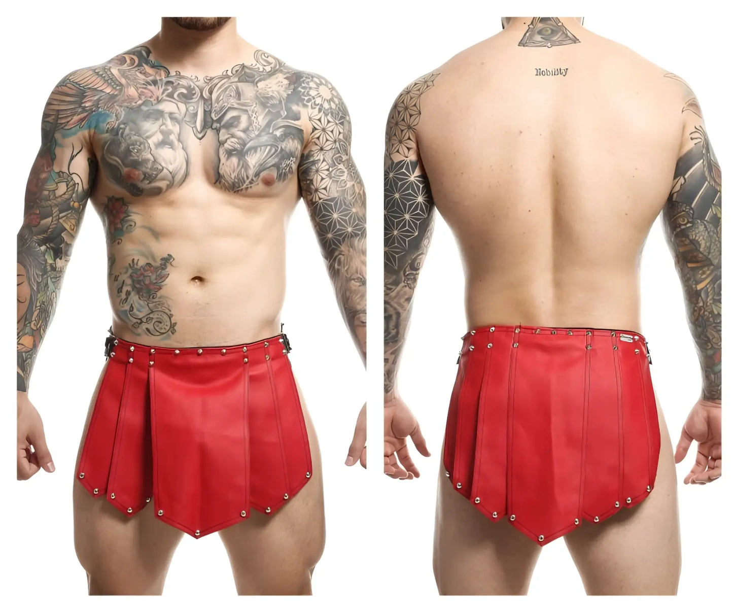 Red leather malebasics dmble10 dngeon roman skirt with pleated design and metallic studs along the hem