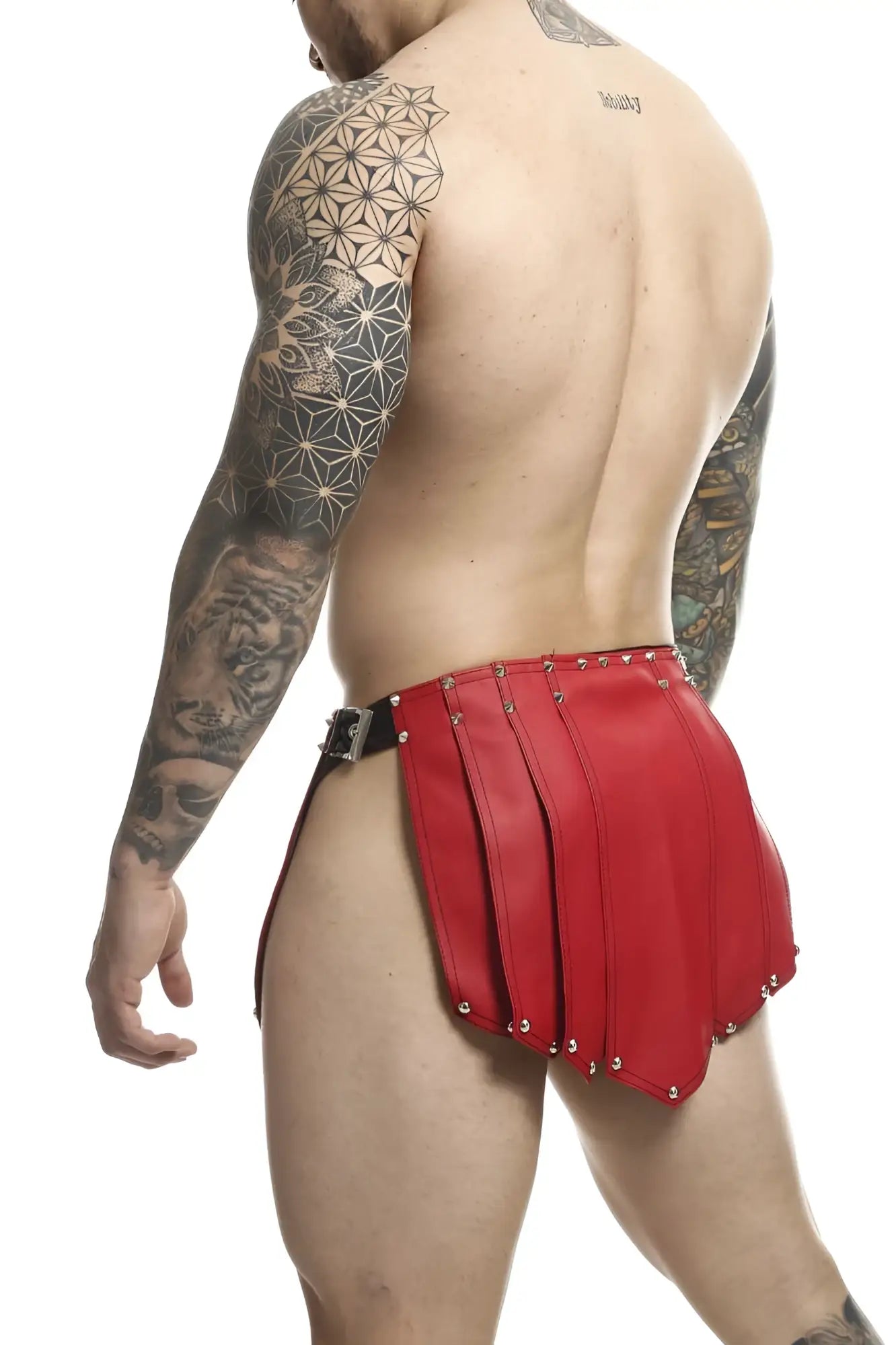 Red leather male basics dmble10 dngeon roman skirt with pleated design and silver studs along the hem