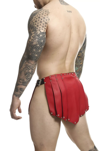 Red leather male basics dmble10 dngeon roman skirt with pleated design and silver studs along the hem
