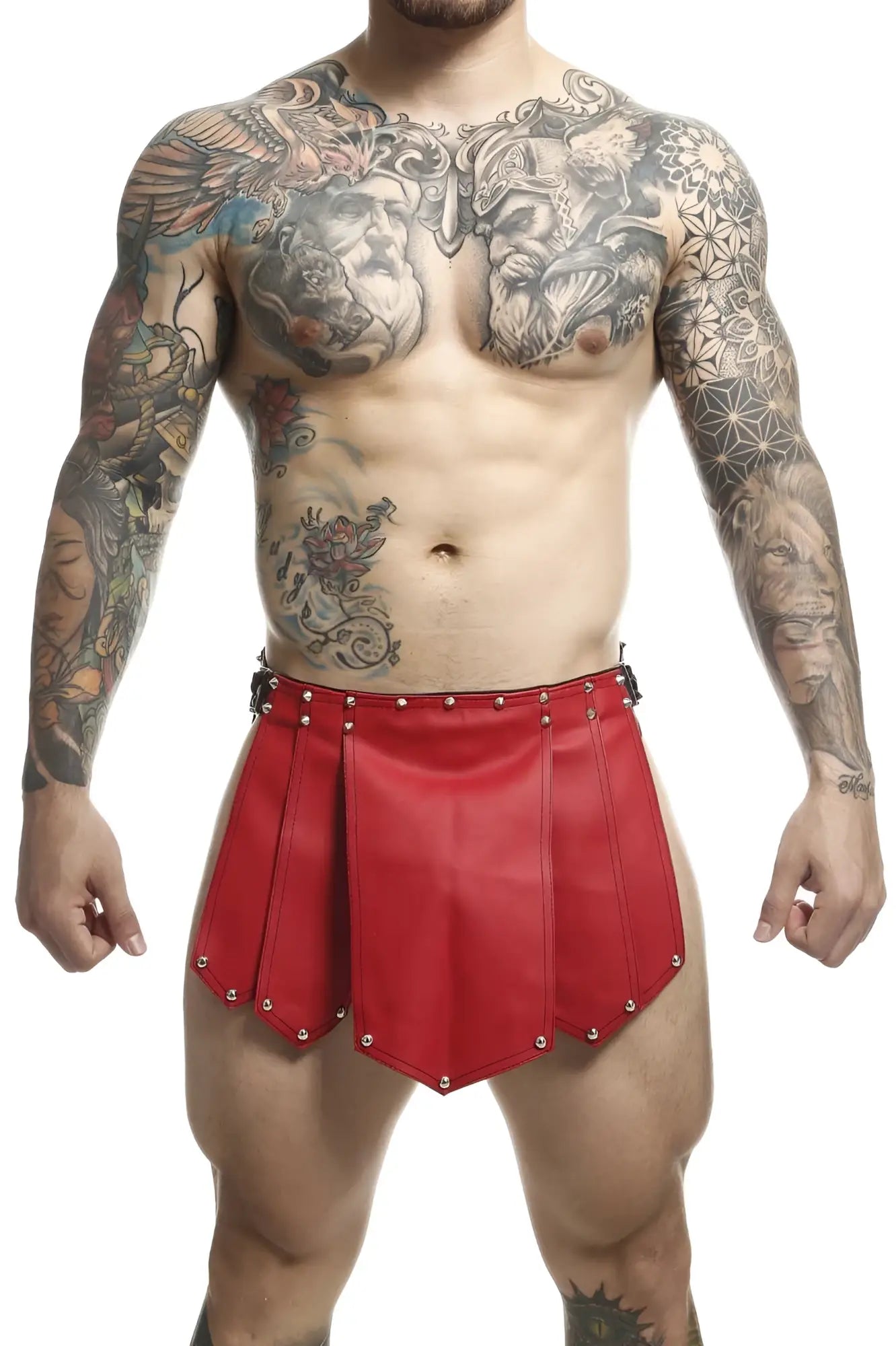 Malebasics dmbl10 dngeon roman skirt in red leather with silver studs designed as male roman-style shorts