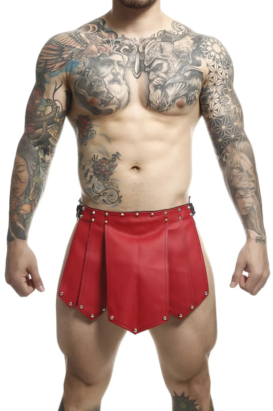 Malebasics dmbl10 dngeon roman skirt in red leather with silver studs designed as male roman-style shorts