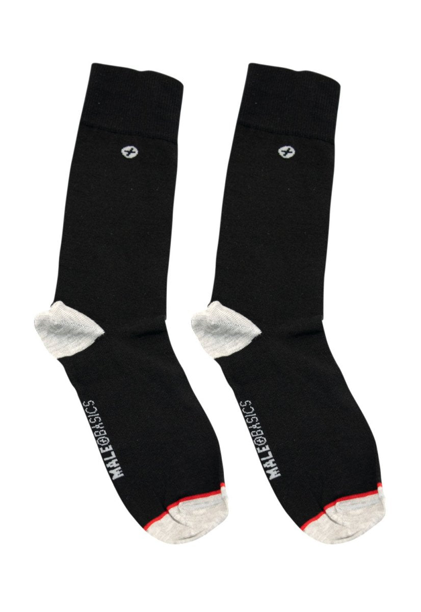 Malebasics dress sock black with white toe and heel accents, red trim, and small logo near the top