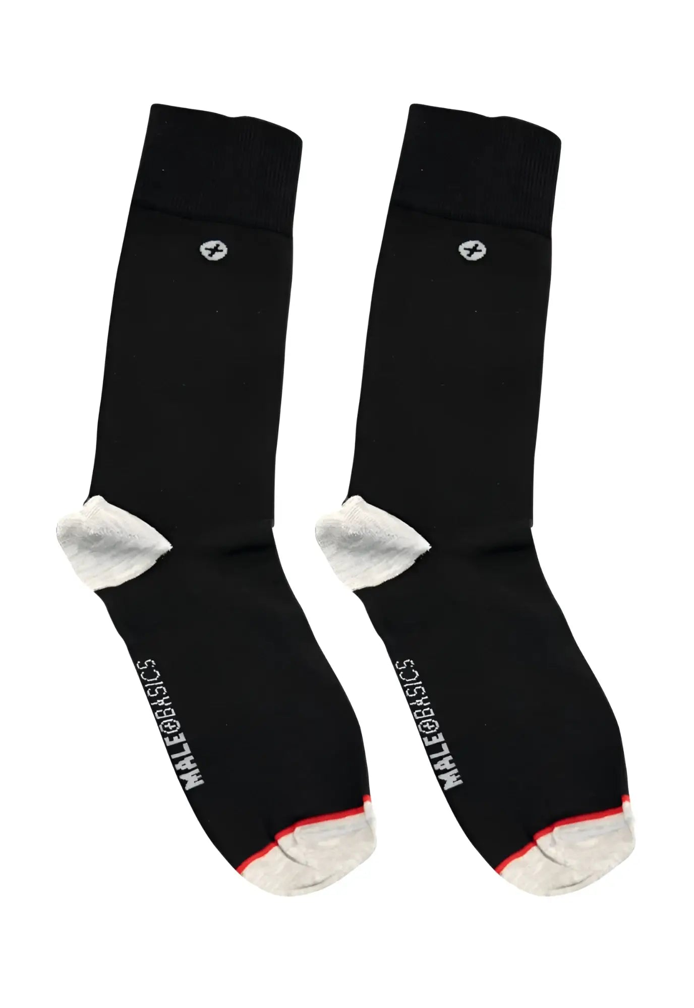 Malebasics dress sock black with white toe and heel accents, red trim, and small logo near the top