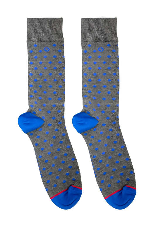 Malebasics fun sock rombos gray socks with blue polka dots bright blue toe caps and pink heel trim