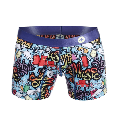 Malebasics hipster boxer brief comics with blue waistband and vibrant graffiti design featuring spray cans and wings