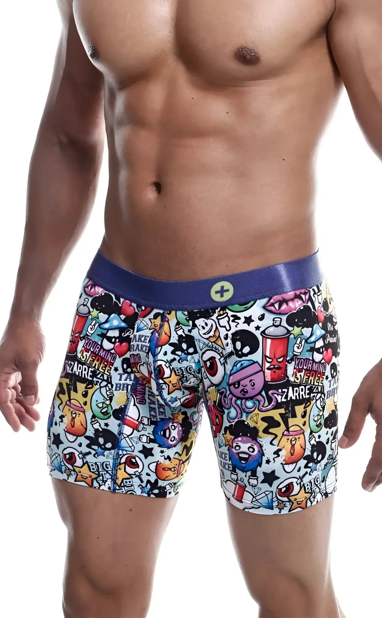 MaleBasics hipster boxer brief comics with vibrant cartoon print white fabric and bold purple waistband for men