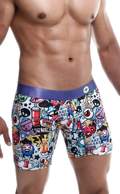 MaleBasics hipster boxer brief comics feature vibrant graffiti-style print with purple elastic waistband for men
