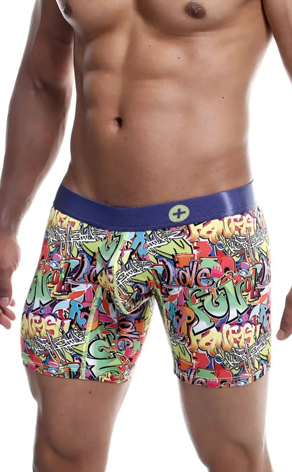 Malebasics hipster boxer brief comics with vibrant graffiti pattern and bold blue waistband for comfortable wear