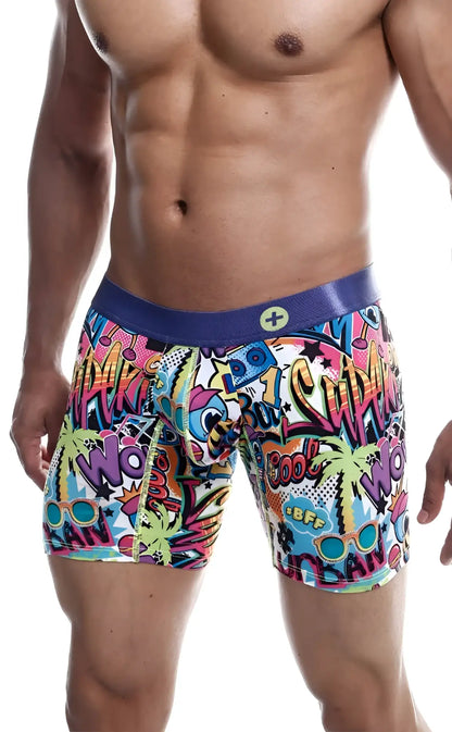 MaleBasics hipster boxer brief comics featuring vibrant graffiti graphics and a bold purple waistband for men