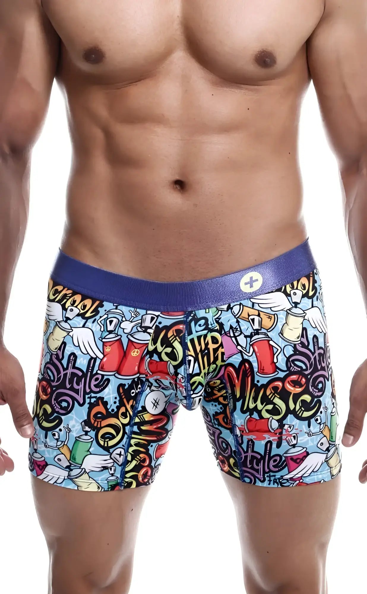Malebasics hipster boxer brief comics featuring vibrant graffiti-themed street art graphics and a blue waistband