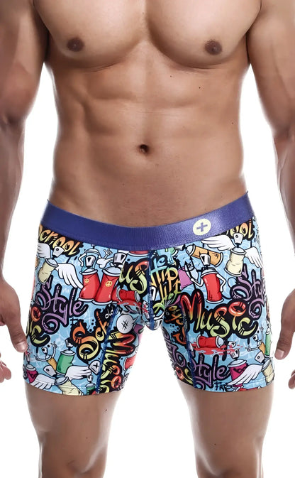 Malebasics hipster boxer brief comics featuring vibrant graffiti-themed street art graphics and a blue waistband