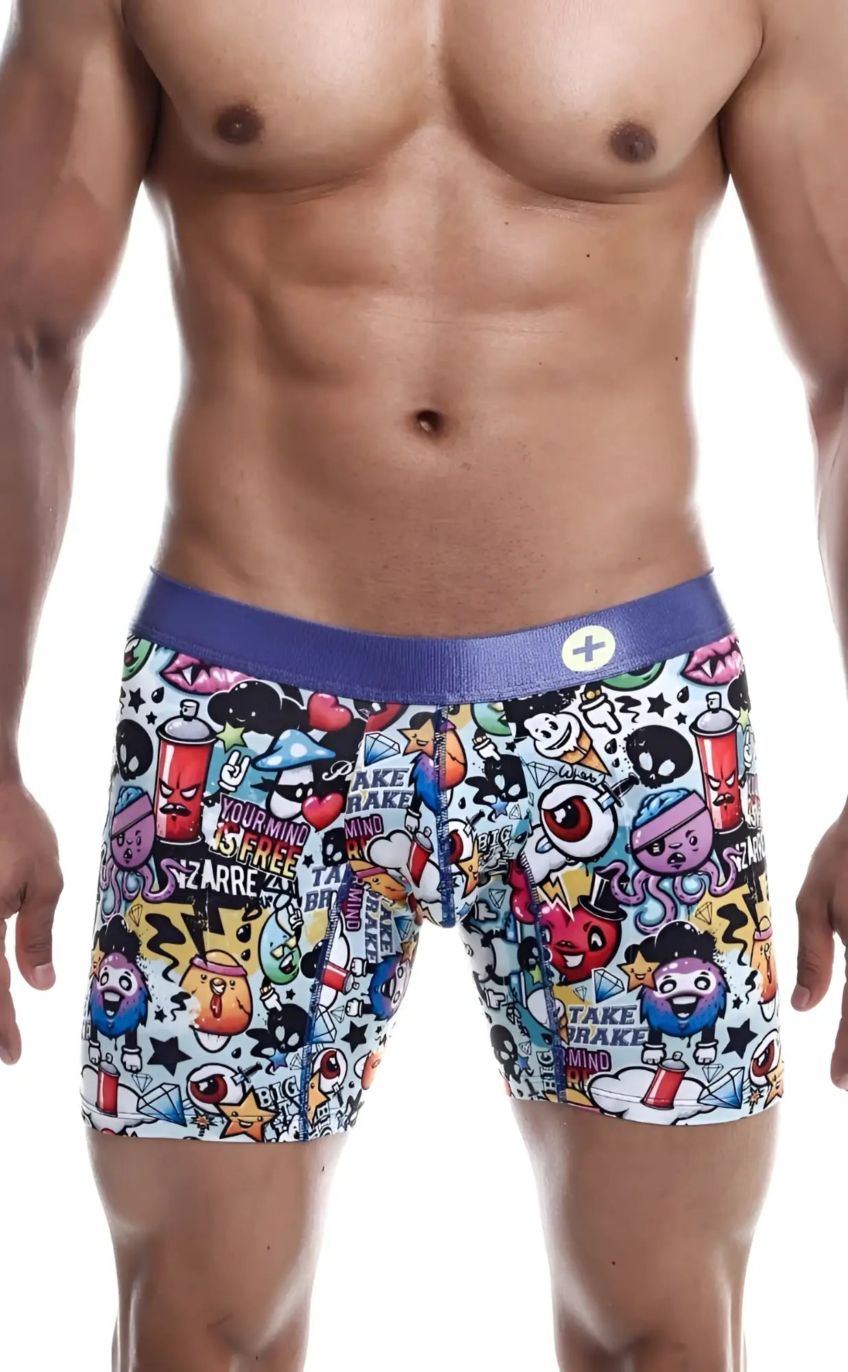 Malebasics hipster boxer brief comics with vibrant graffiti-style graphics on white fabric and a purple waistband
