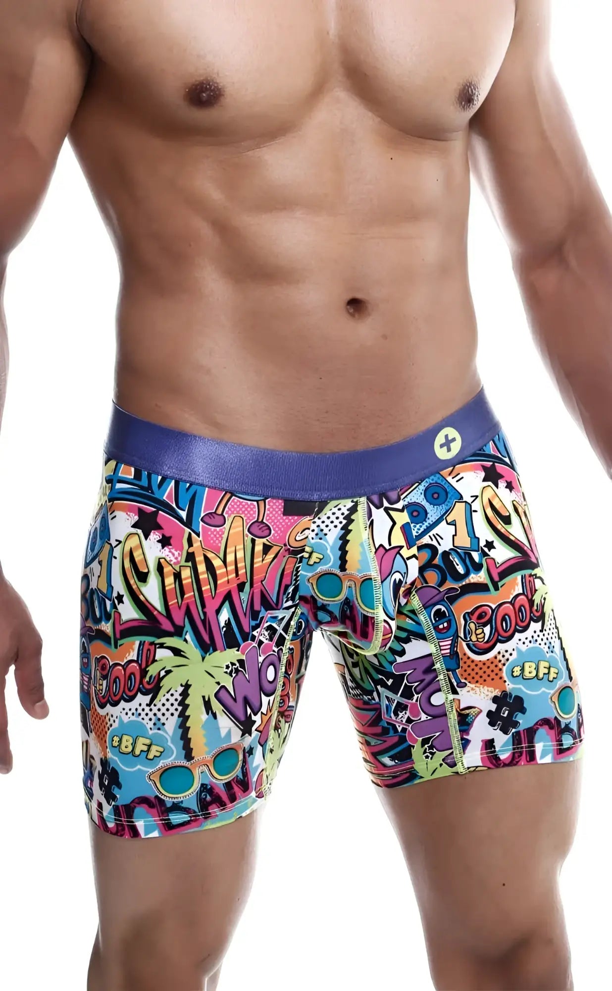 Malebasics hipster boxer brief comics vibrant graffiti-style with purple waistband and colorful comic graphics