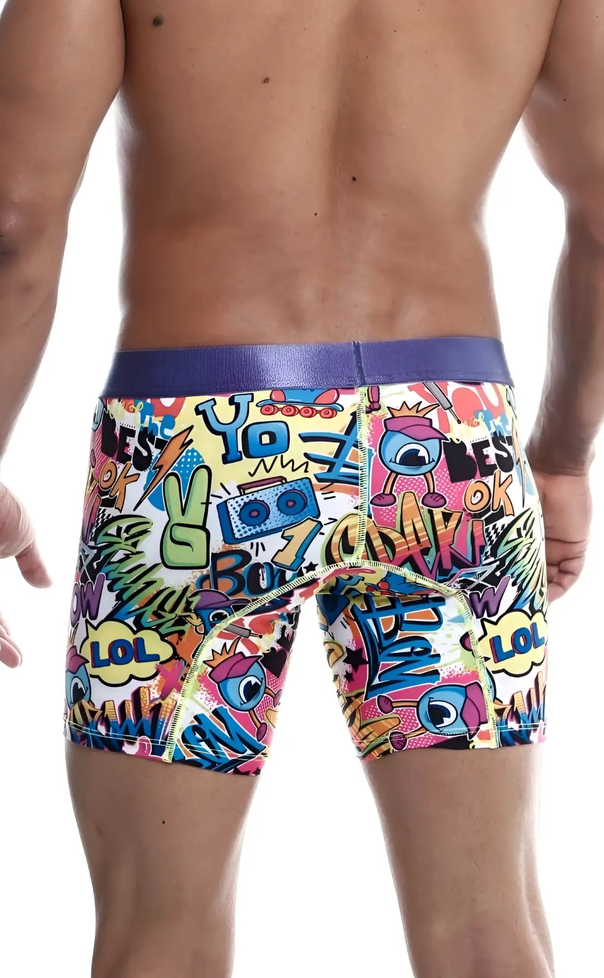 Malebasics hipster boxer brief comics featuring vibrant comic book graphics with purple waistband for men