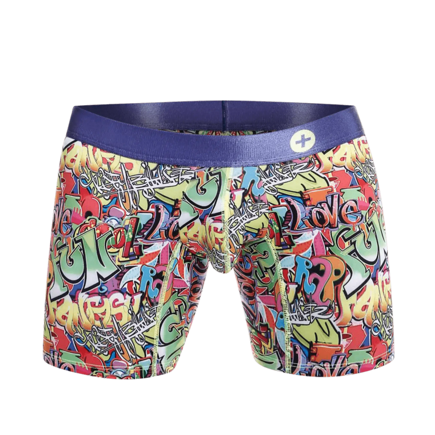 MaleBasics hipster boxer brief comics with vibrant graffiti pattern and solid purple elastic waistband for men