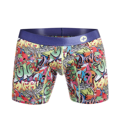 MaleBasics hipster boxer brief comics with vibrant graffiti pattern and solid purple elastic waistband for men