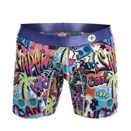 Malebasics hipster boxer brief comics with vibrant comic book graphics purple waistband and colorful palm tree design