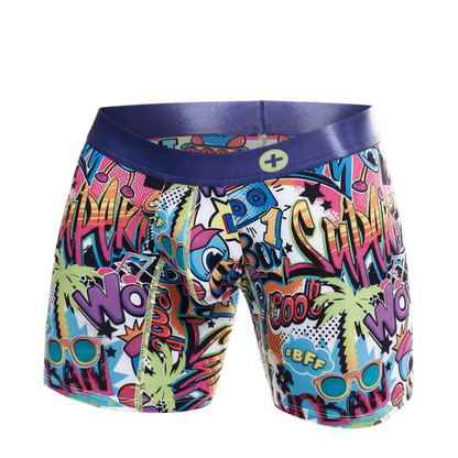 MaleBasics hipster boxer brief comics with vibrant comic book graphics and a bold purple waistband for men