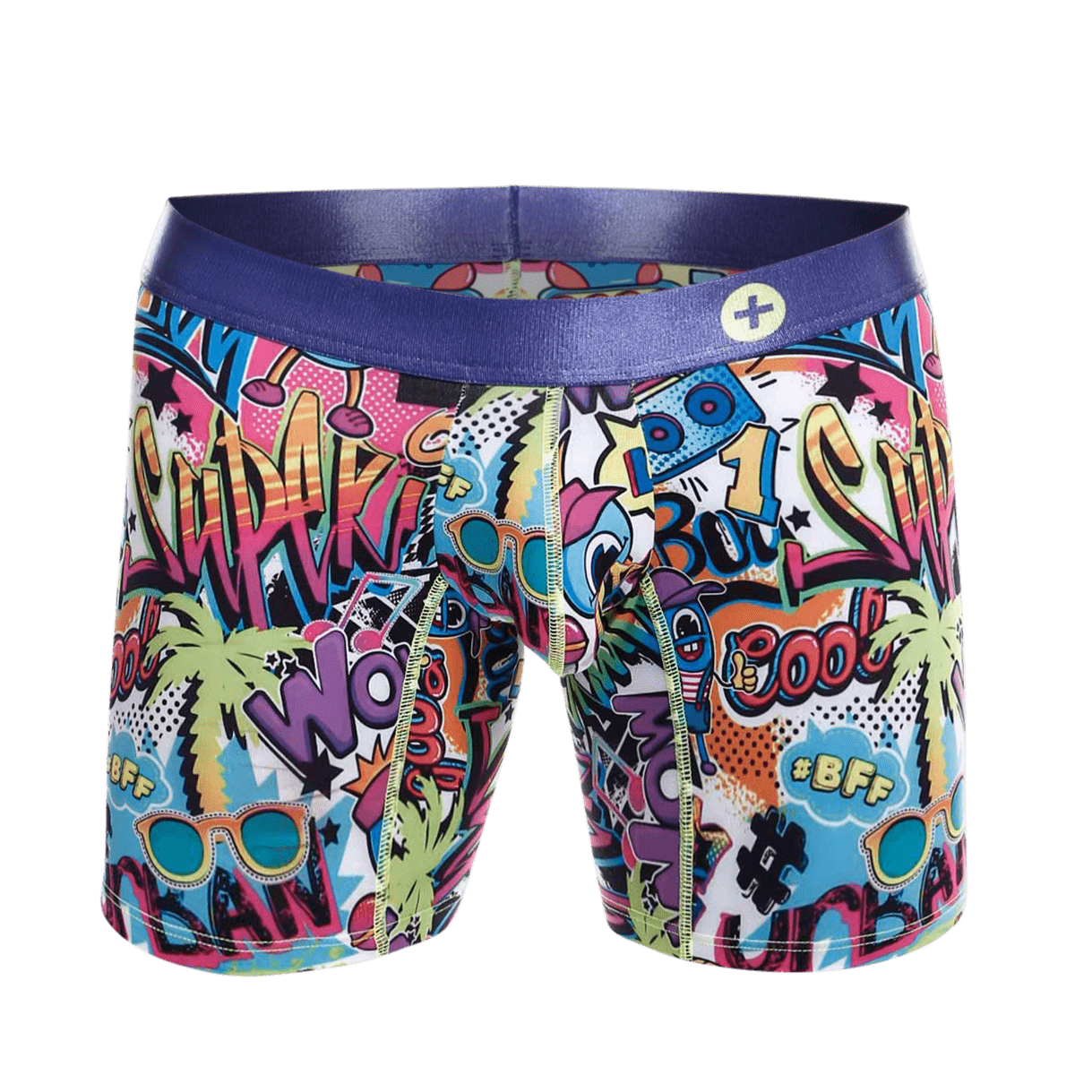 MaleBasics hipster boxer brief comics with vibrant graffiti-style colorful comic book graphics and purple elastic waistband