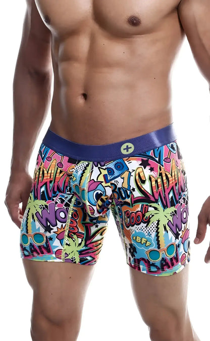 MaleBasics hipster boxer brief comics featuring vibrant graffiti graphics and a bold purple waistband for men