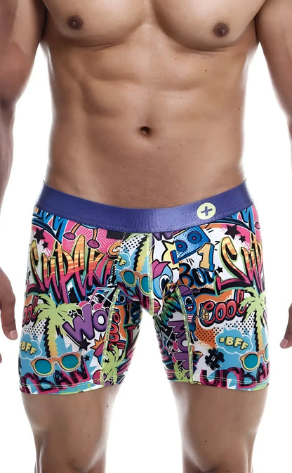MaleBasics hipster boxer briefs featuring vibrant graffiti graphics in pink, blue, yellow, and green.