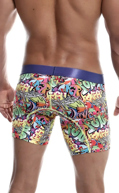 MaleBasics hipster boxer brief comics with vibrant graffiti pattern and bold purple waistband for comfortable wear