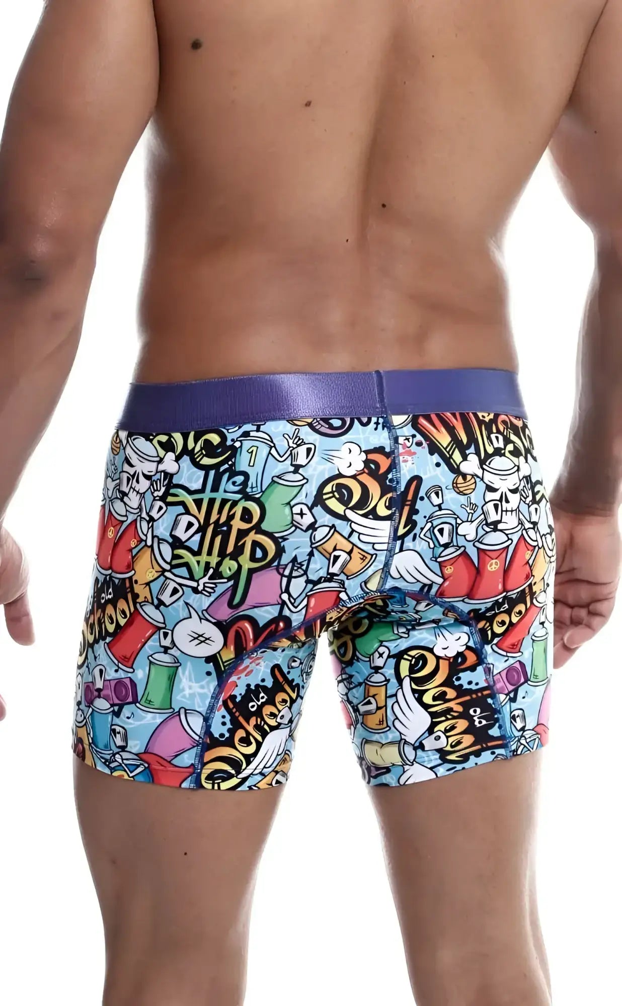 Malebasics hipster boxer brief comics with vibrant graffiti pattern and purple waistband in comfortable fabric