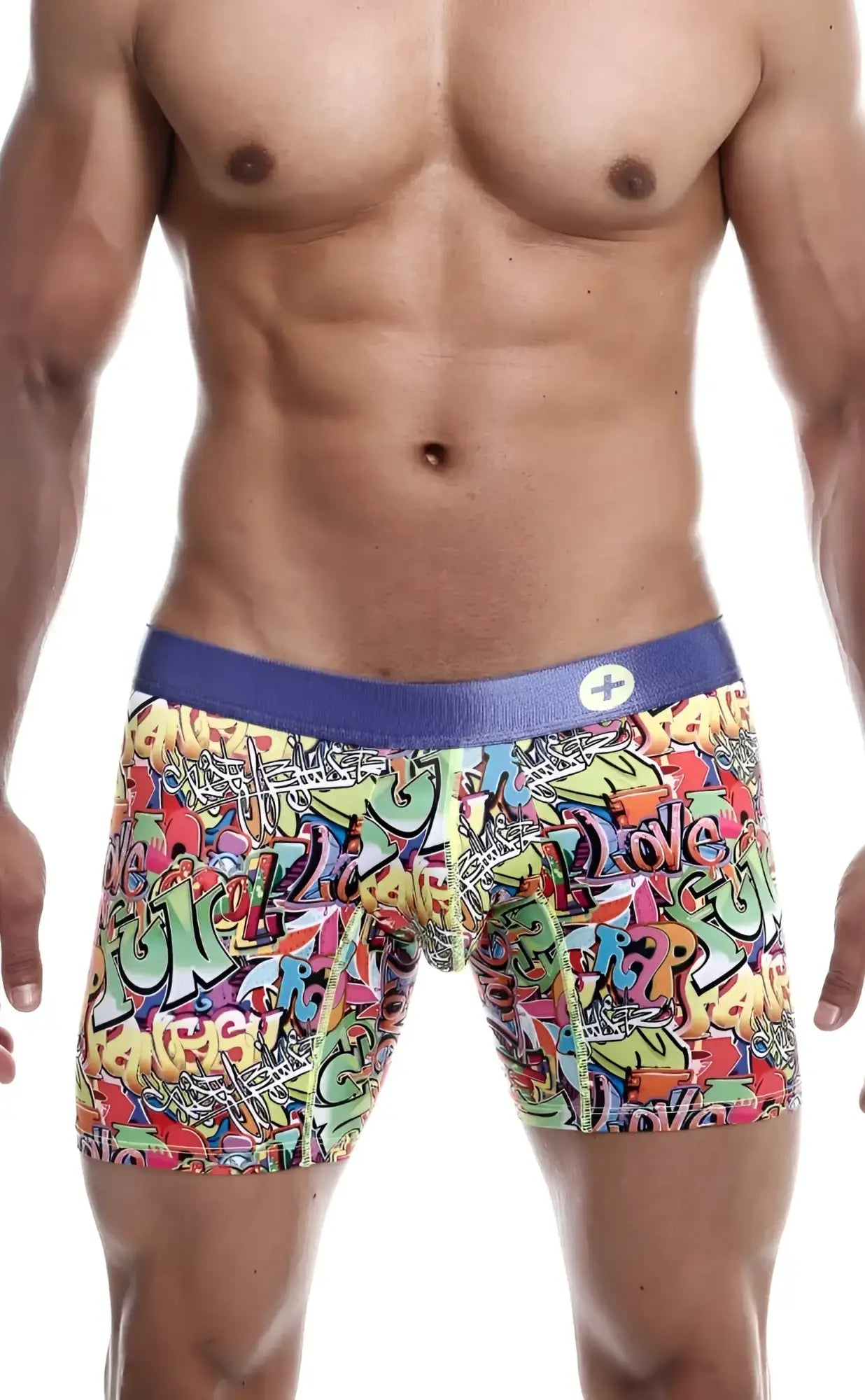 Malebasics hipster boxer briefs with vibrant graffiti comic patterns and a solid purple waistband for comfortable wear