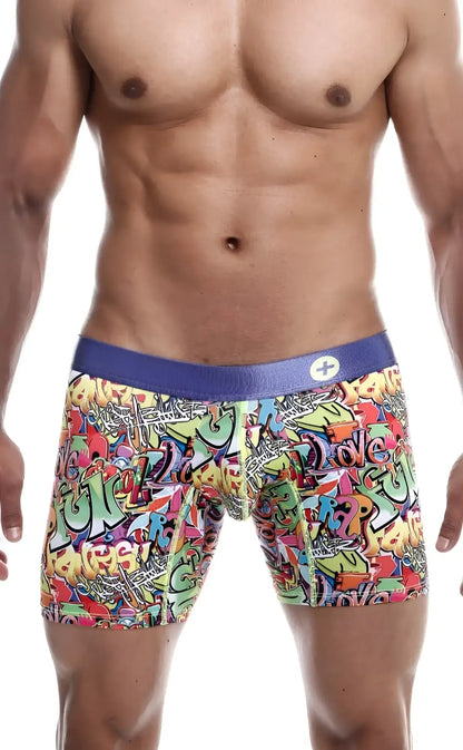 Malebasics hipster boxer briefs with vibrant graffiti comic patterns and a solid purple waistband for comfortable wear