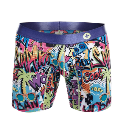 Malebasics hipster boxer brief comics featuring vibrant graffiti-style colorful comic graphics and a bold purple waistband