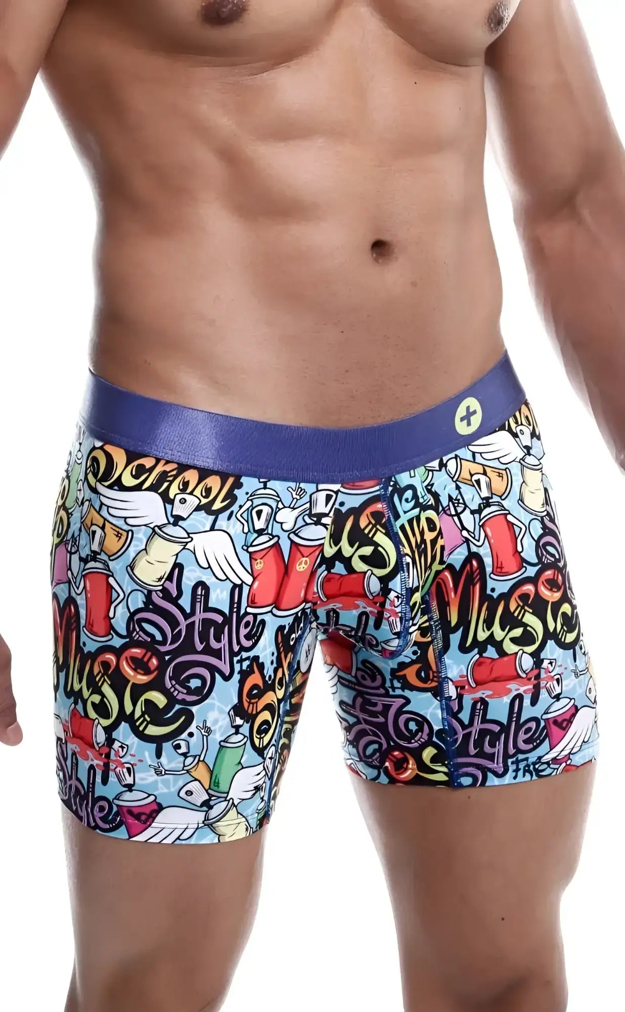 Malebasics hipster boxer brief comics with vibrant graffiti-style print colorful cartoon graphics and blue waistband