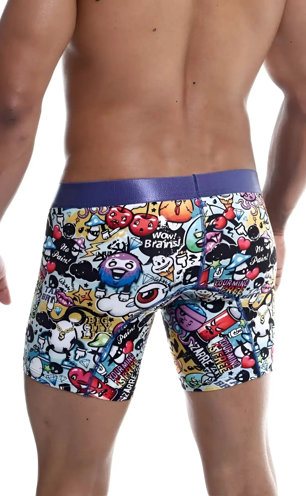 Malebasics hipster boxer brief comics featuring vibrant graffiti-style print with purple elastic waistband for men