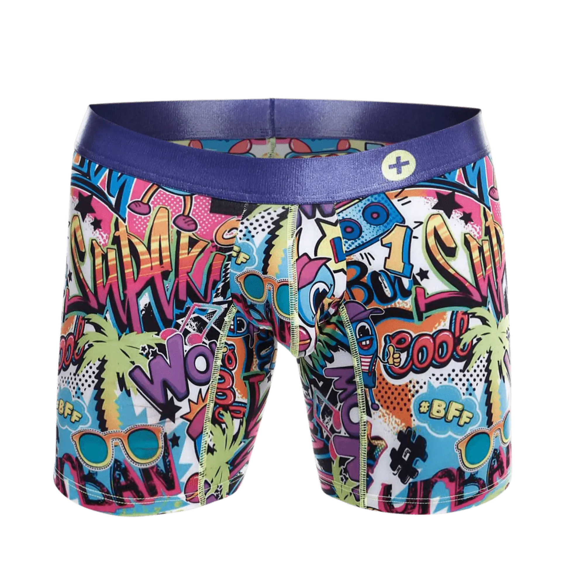 Malebasics hipster boxer brief comics featuring vibrant graffiti-style colorful comic graphics and a bold purple waistband