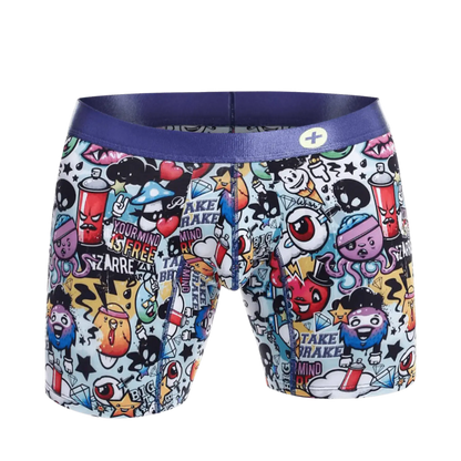 Malebasics hipster boxer brief comics with vibrant graffiti cartoon print on white fabric and purple waistband