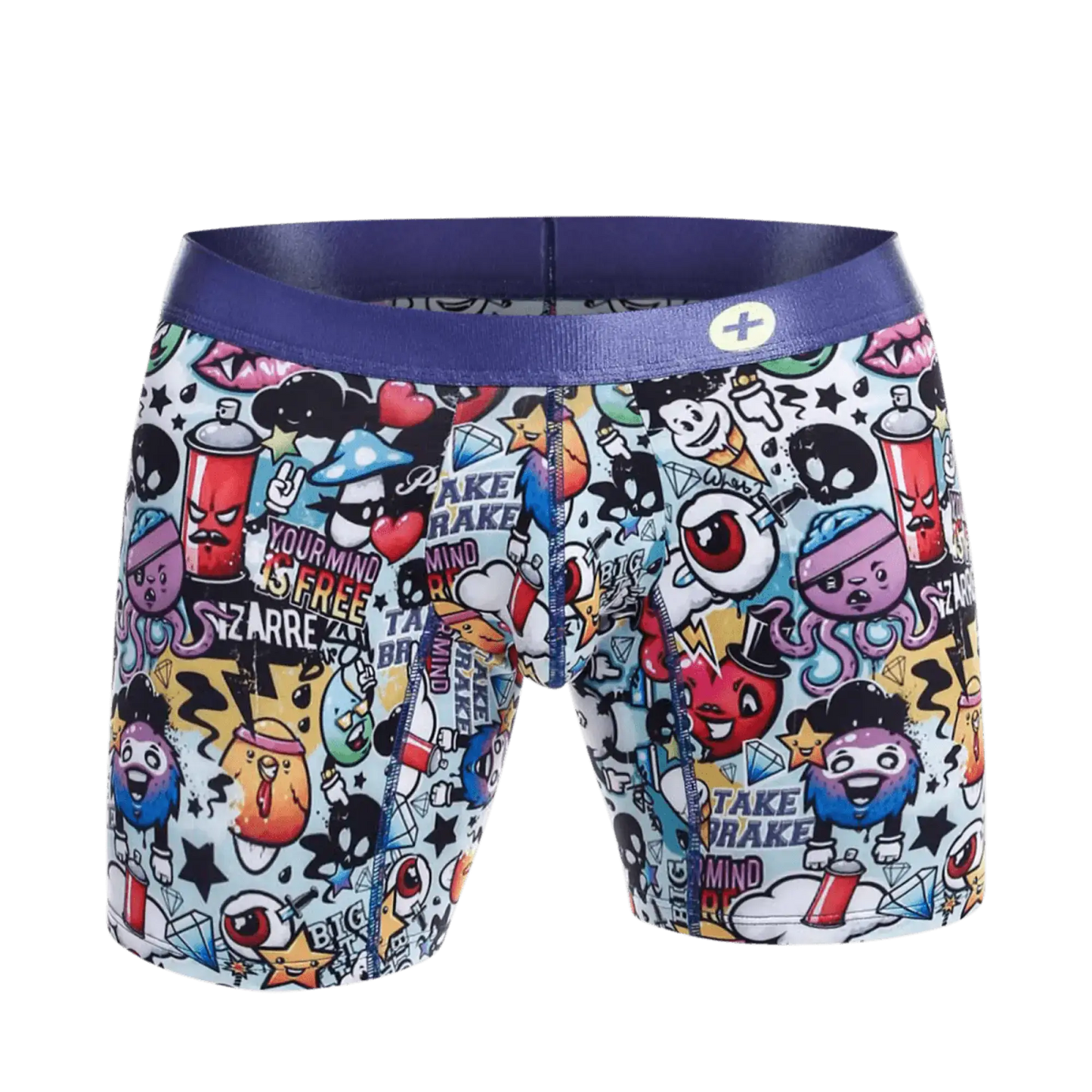 Malebasics hipster boxer brief comics featuring vibrant graffiti-style cartoon prints on white fabric with purple waistband