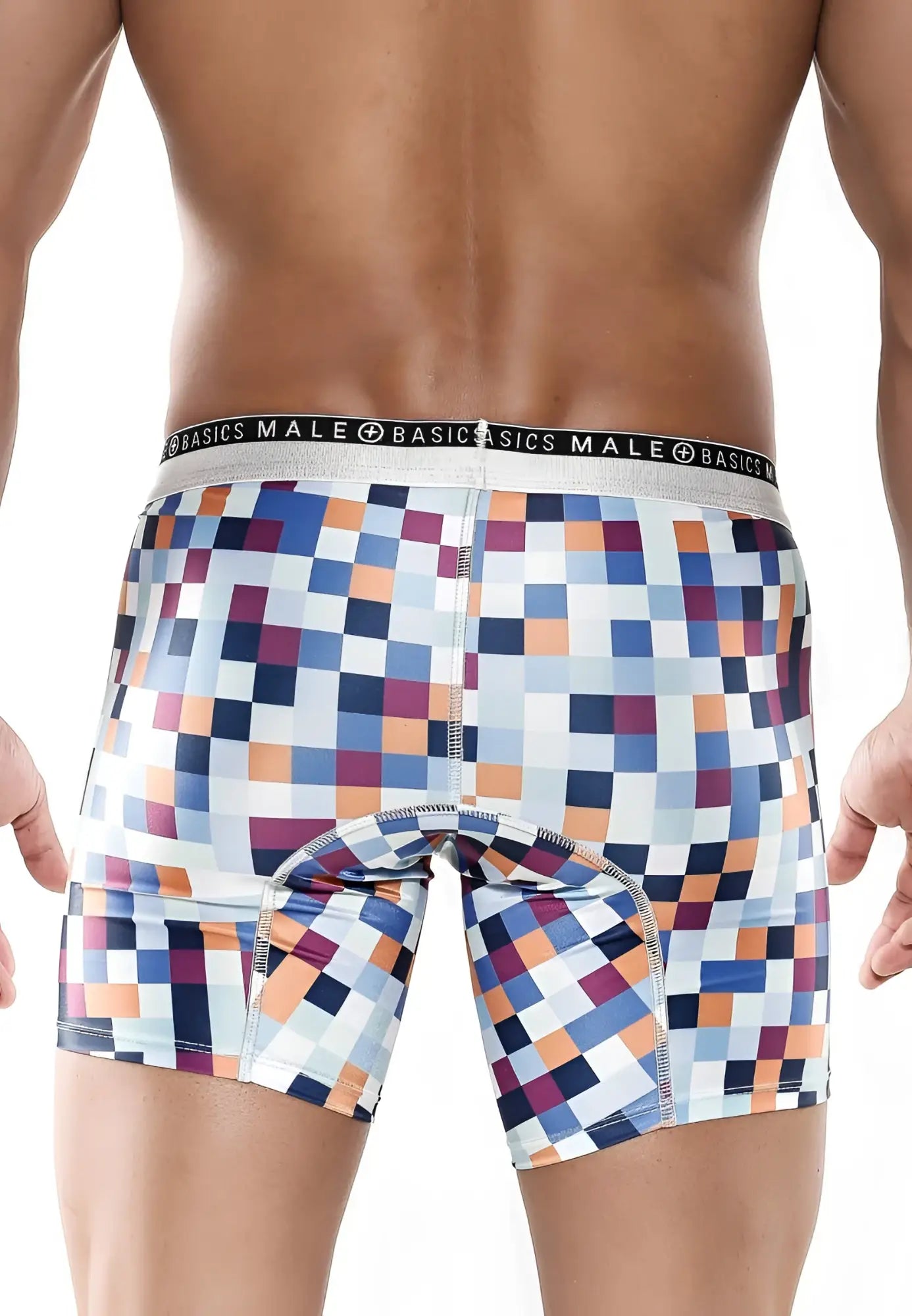 Multicolored pixel-patterned malebasics hipster boxer briefs with a gray basics male waistband for men