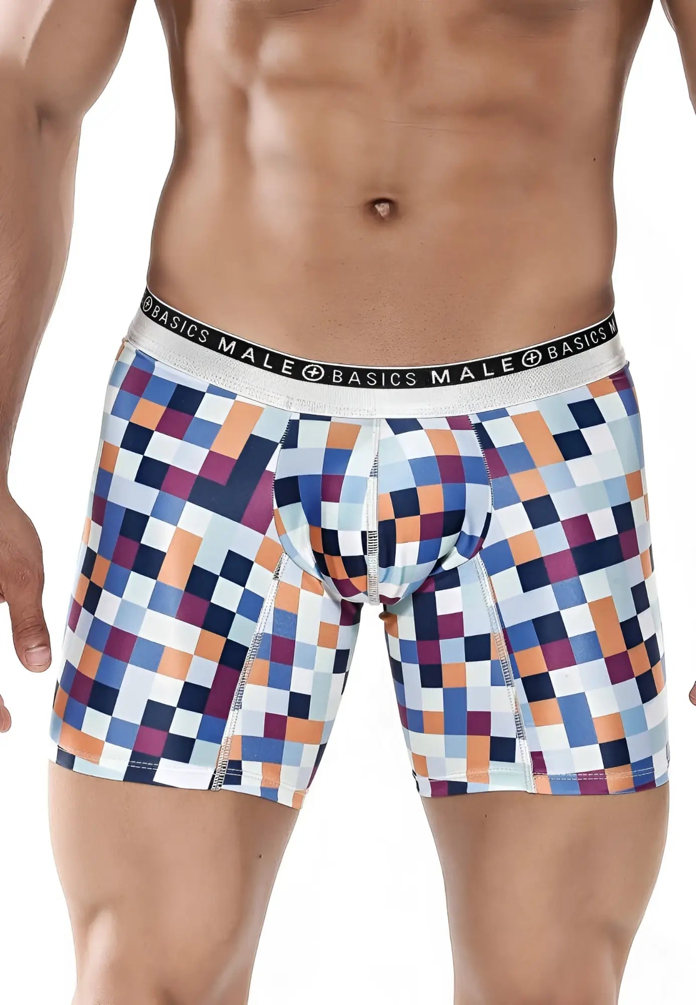 Malebasics hipster boxer brief pixels featuring vibrant blue orange and purple pixelated pattern on white with silver waistband
