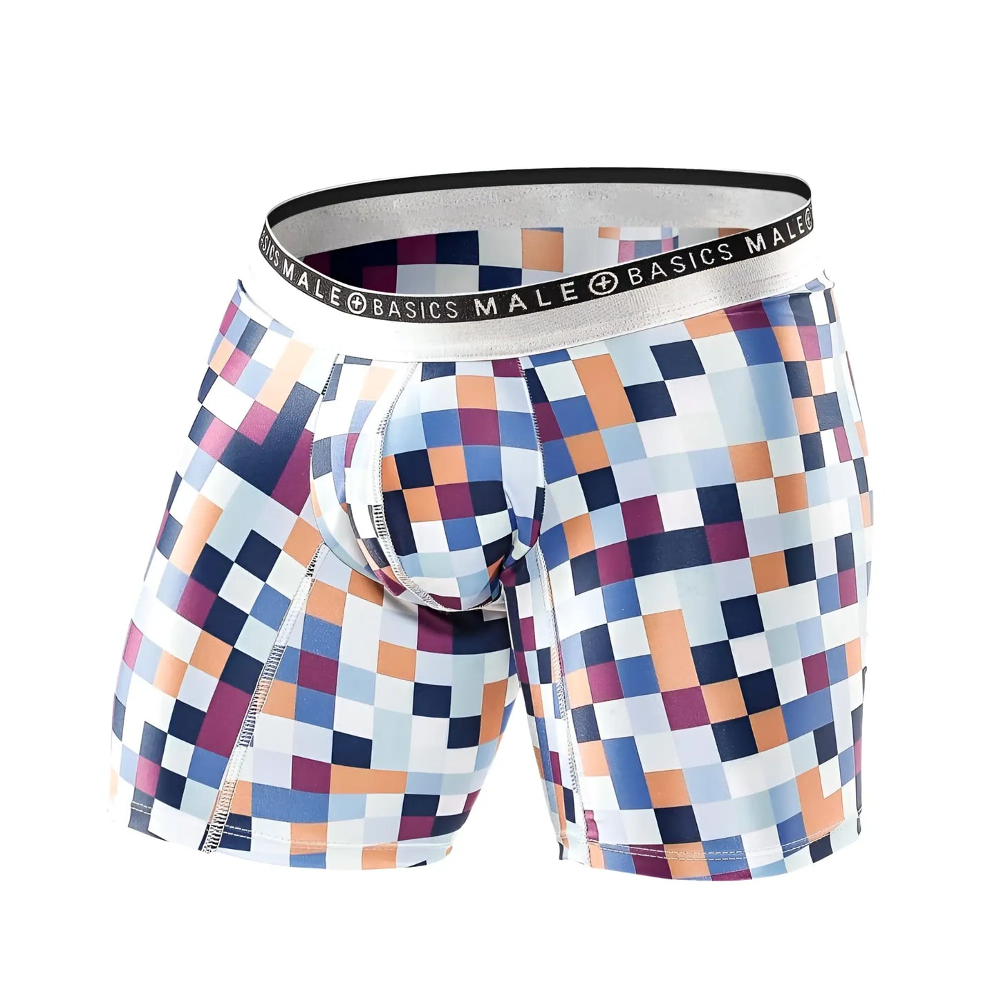 Malebasics hipster boxer brief pixels with vibrant blue orange purple and white pixelated pattern and silver branded waistband