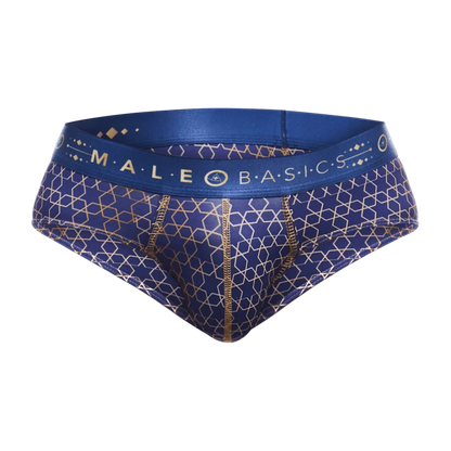 Male basics hipster brief in blue and gold patterned fabric with branded waistband offers comfortable men’s underwear