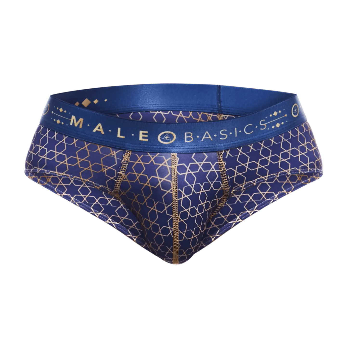 Male basics hipster brief in blue and gold patterned fabric with branded waistband for comfortable men’s underwear