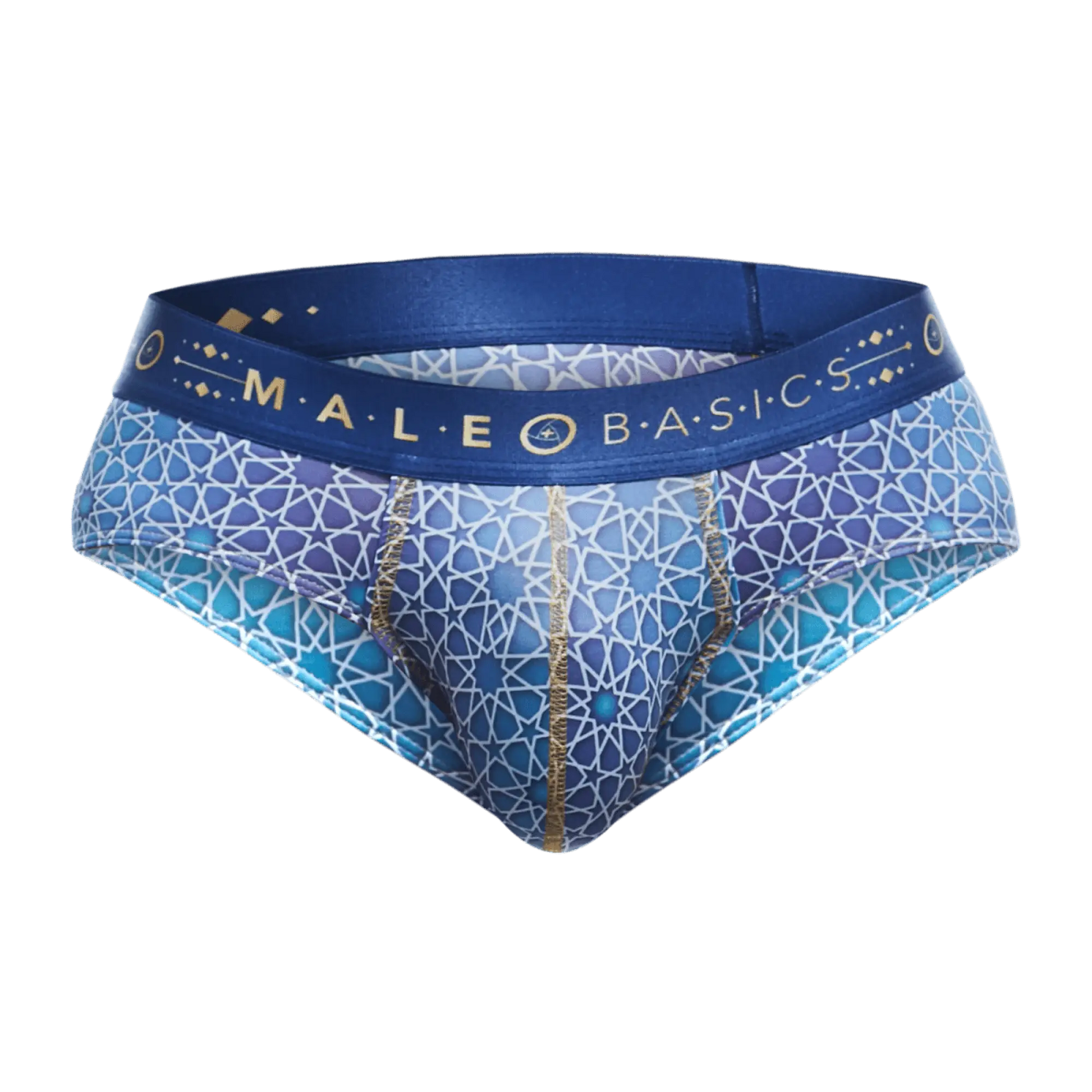 Malebasics hipster brief in blue and purple with gold geometric accents featuring a comfortable waistband