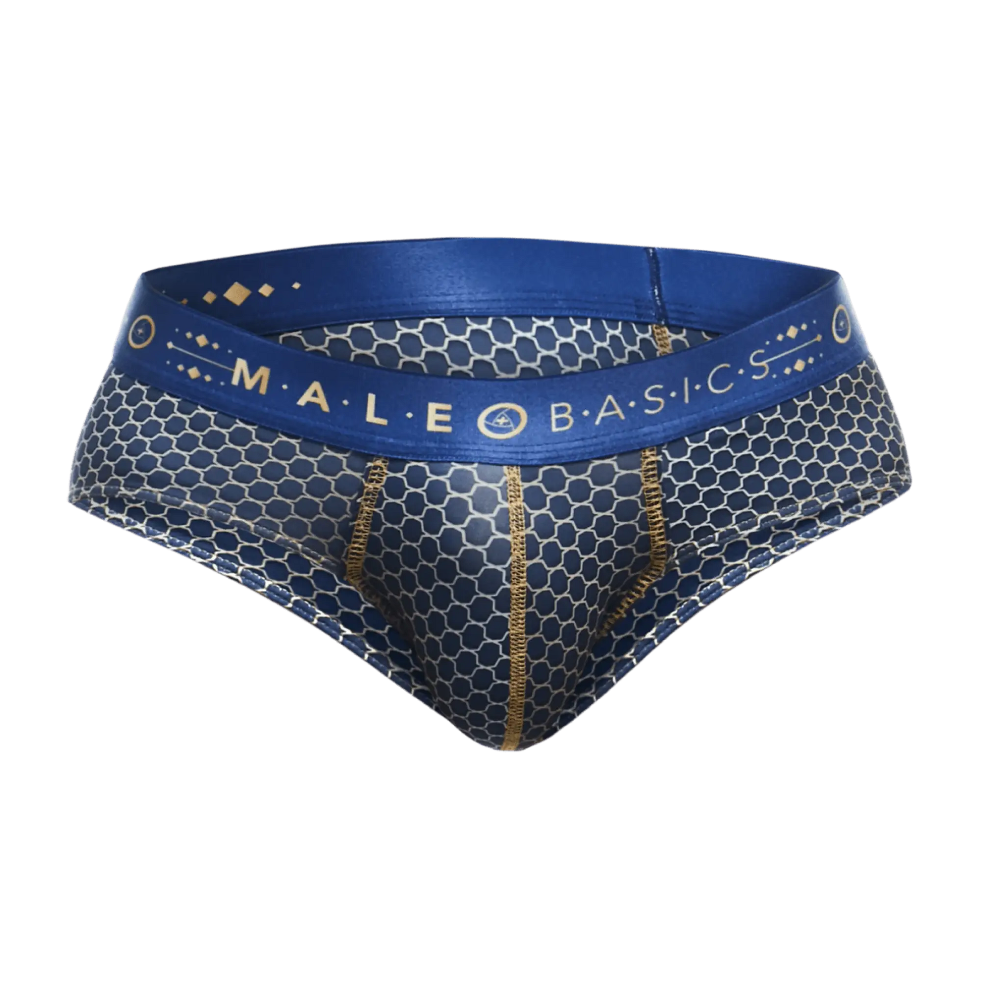 Malebasics hipster brief in blue and silver honeycomb pattern with gold trim waistband and male basics logo