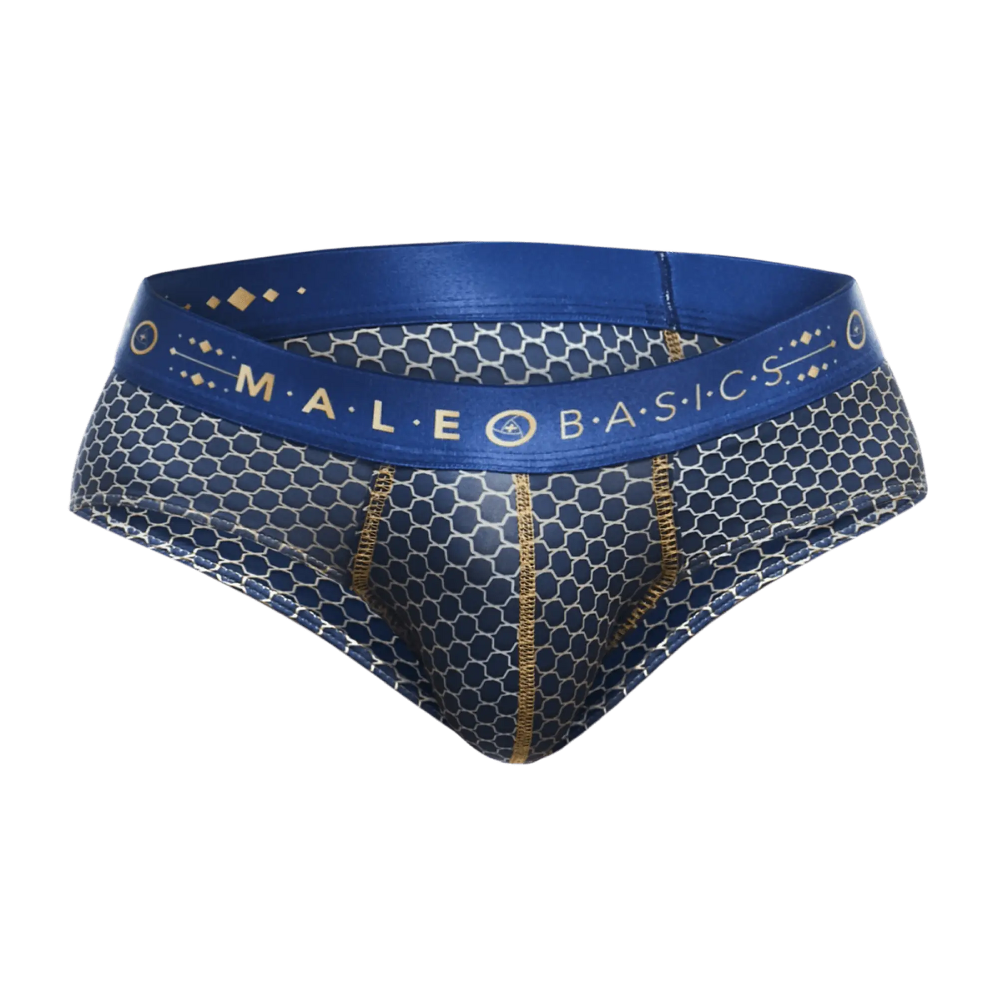 Malebasics hipster brief in blue and silver honeycomb pattern with gold trim waistband and male basics logo
