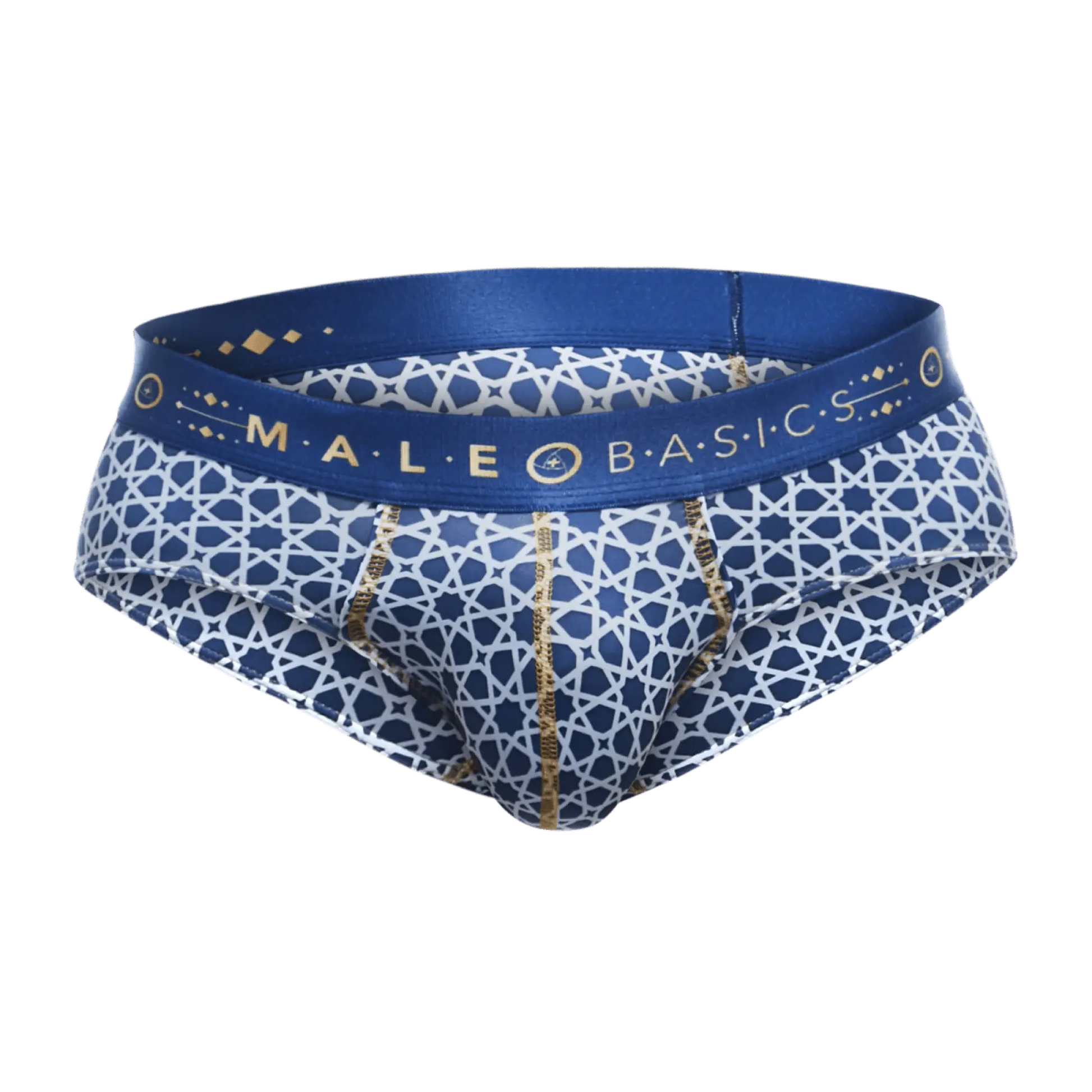 Malebasics hipster brief is a blue and white patterned men’s brief with gold trim and geometric design on waistband