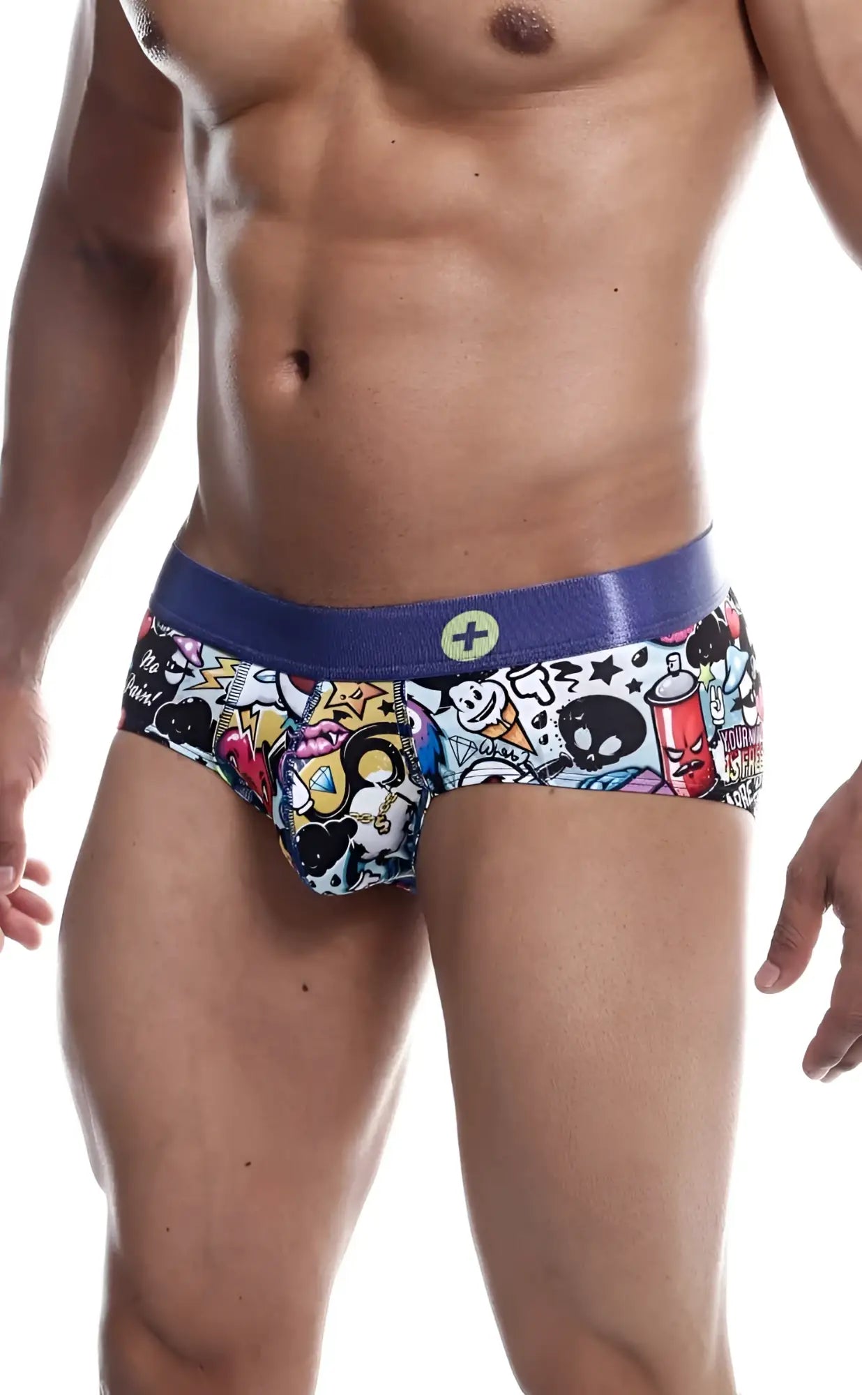 Malebasics hipster brief comics blue and white cartoon-patterned men’s briefs with shiny elastic waistband front view