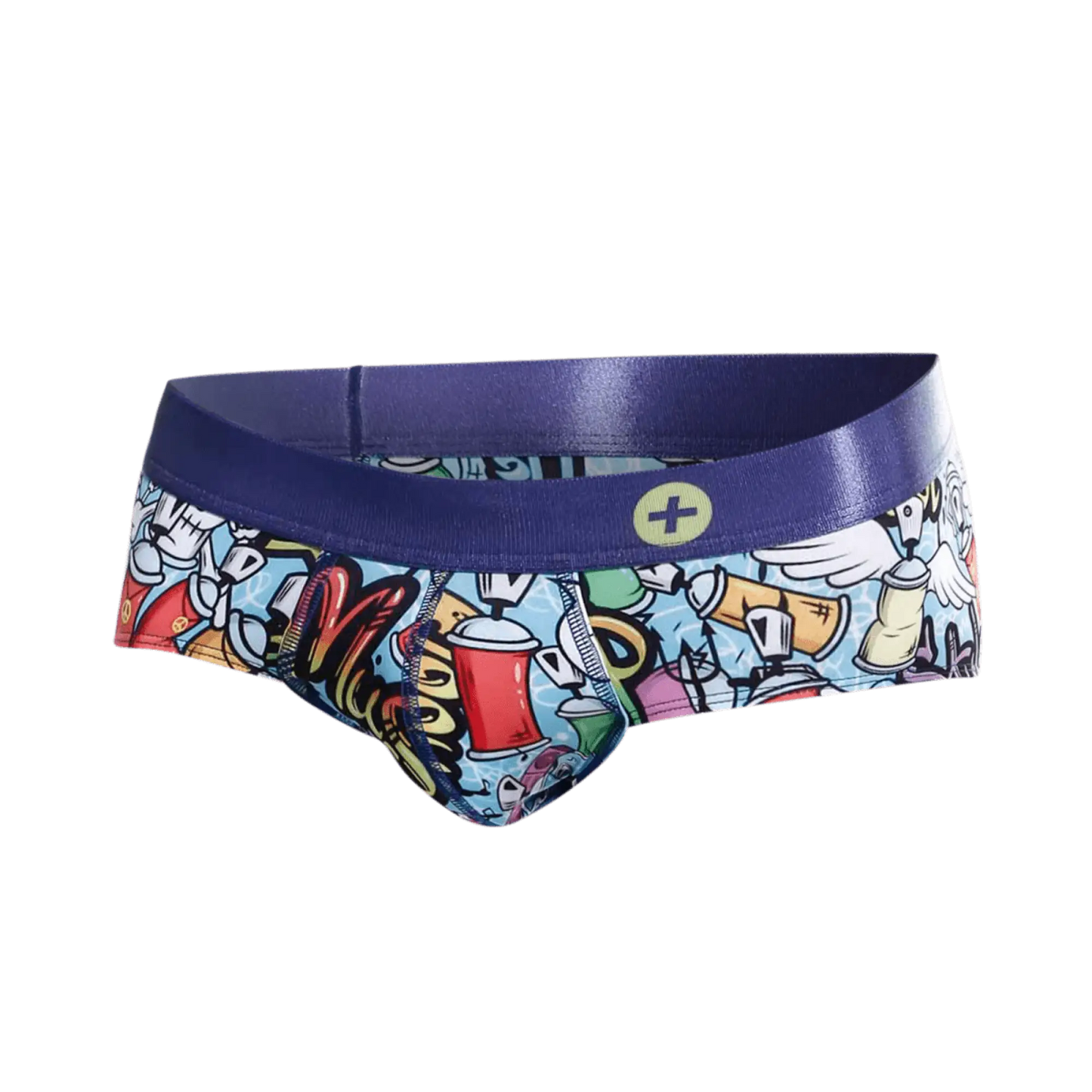 Malebasics hipster brief comics featuring vibrant graffiti-themed colorful cartoon spray paint cans on light blue fabric with bold blue waistband
