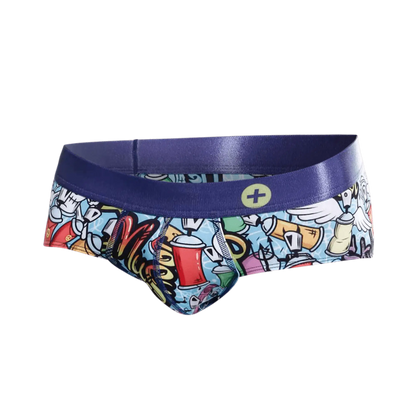 Malebasics hipster brief comics featuring vibrant graffiti-themed colorful cartoon spray paint cans on light blue fabric with bold blue waistband