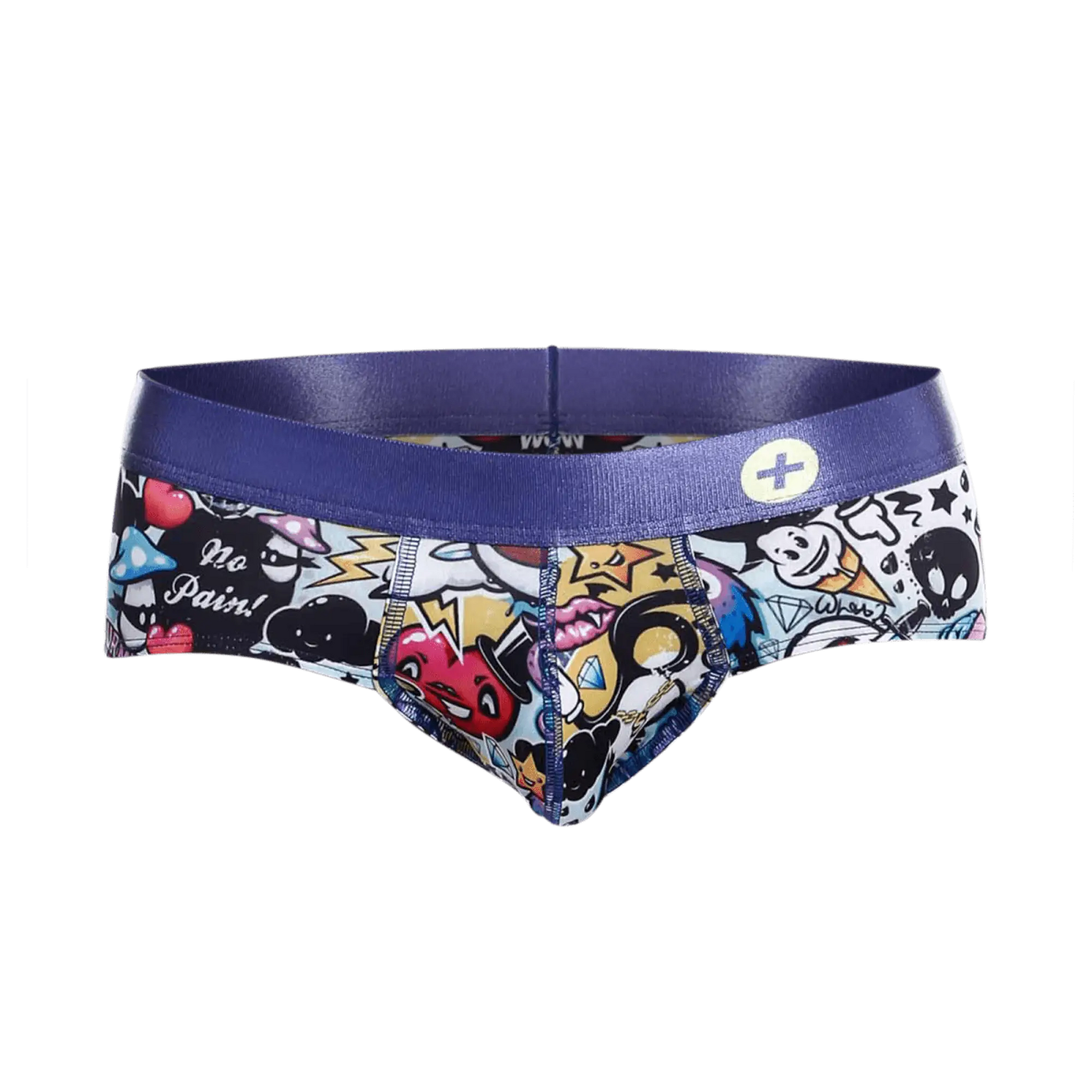 Purple waistband men’s hipster briefs with vibrant graffiti-style cartoon print featuring colorful characters and text